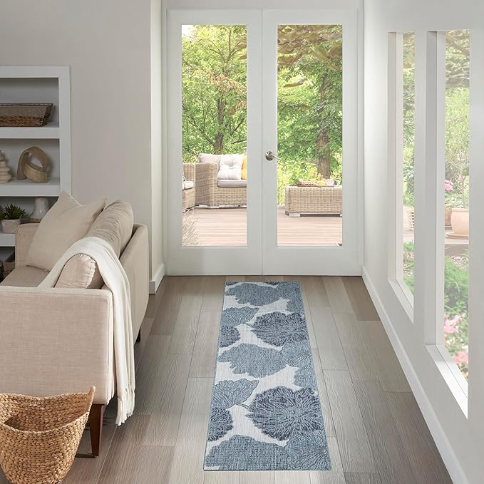 Nourison Home Garden Oasis Blue 2' x 6' Area Rug - Easy Clean, Non Shedding, Bed Room, Living Room, Dining Room, Kitchen (6' Runner)