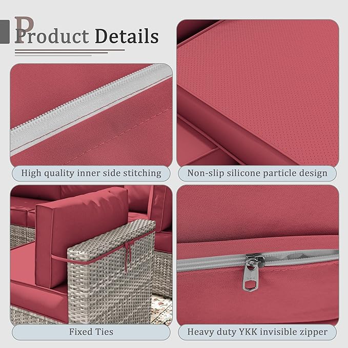Outdoor Cushions for Patio Furniture with 5 Pillows, Waterproof Patio Furniture Cushions Replacement, 4" Deep Seat Outdoor Sectional Cushions for 4-seat Patio Furniture Chair Sofa Couch,Fuchsiared