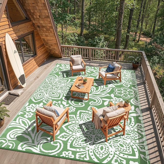 Findosom Waterproof Outdoor Rug 6' x 9' - Reversible Mandala Outdoor Plastic Straw Rug, Durable Foldable Patio Rug for RV, Deck, Balcony, Backyard, Picnic, Porch, Camping, Beach, Green
