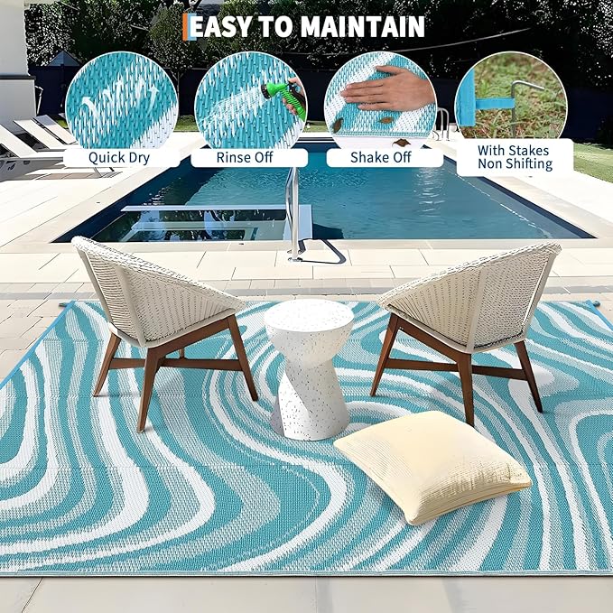 Patio Modern Abstarct Outdoor Rug 10x14 Waterproof Large Reversible Camping Mat Foldable Lightweight Plastic Straw Outdoor Rug for Deck, Camper, Balcony, Beach, Rv，Lake Green/Light Blue