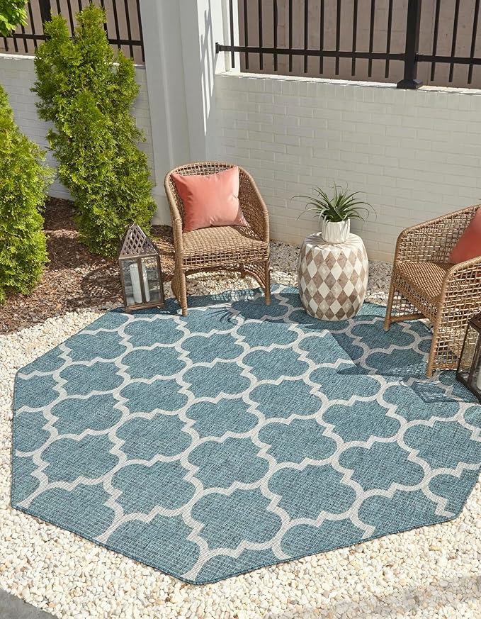 Unique Loom Outdoor Trellis Collection Area Rug (7' 10" Octagon, Teal/ Gray)