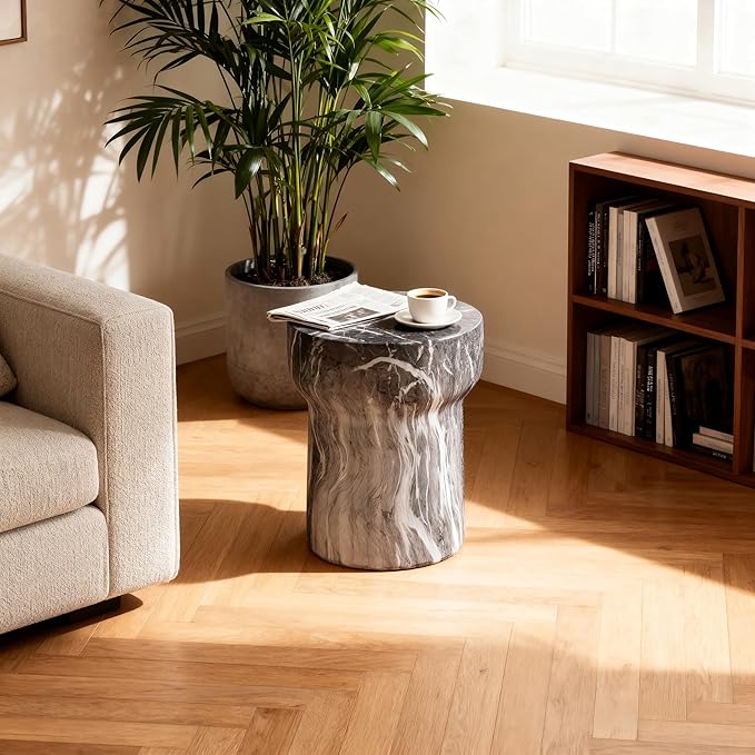 15.55" Cement End Tables for Patio,Faux Terrazzo Modern Small Round Side Accent Table,Tree Stump Garden Stool Drum Indoor and Outdoor,Marble