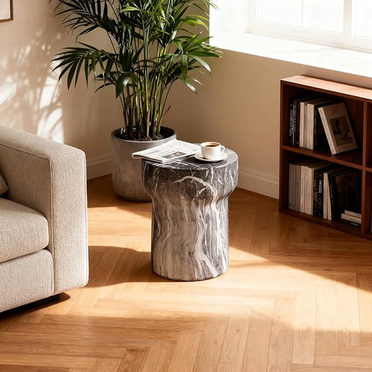 15.55" Cement End Tables for Patio,Faux Terrazzo Modern Small Round Side Accent Table,Tree Stump Garden Stool Drum Indoor and Outdoor,Marble