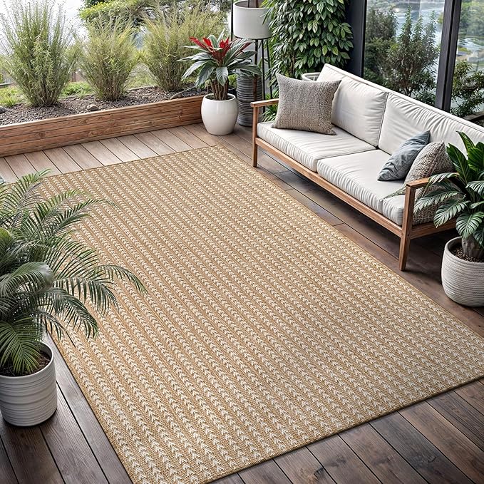 Washable Outdoor Rug 5x7 Modern Area Rugs Outdoor Carpets Striped Pattern Non Shedding Waterproof Easy Clean Patio Deck Porch Living Room Bedroom Garden RV (5 X 7 Natural)