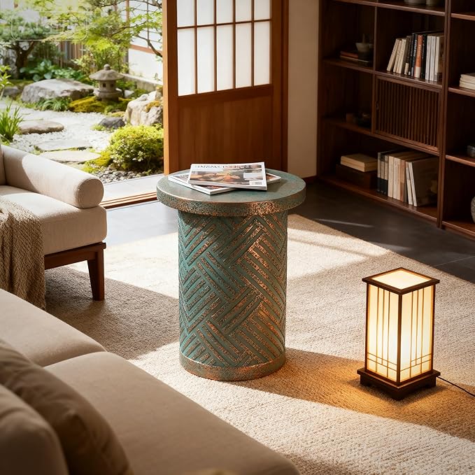 16.93" Cement End Tables for Patio,Faux Terrazzo Modern Small Round Side Accent Table,Tree Stump Garden Stool Drum Indoor and Outdoor,Green