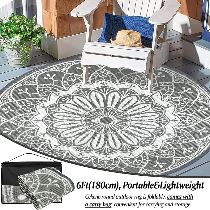 Cekene Round Outdoor Rugs for Patio 6Ft Waterproof Reversible Outdoor Patio Rugs Grey Lightweight Plastic Straw Rugs Portable RV Camping Mat Floor Carpet for Deck Porch Picnic BBQ