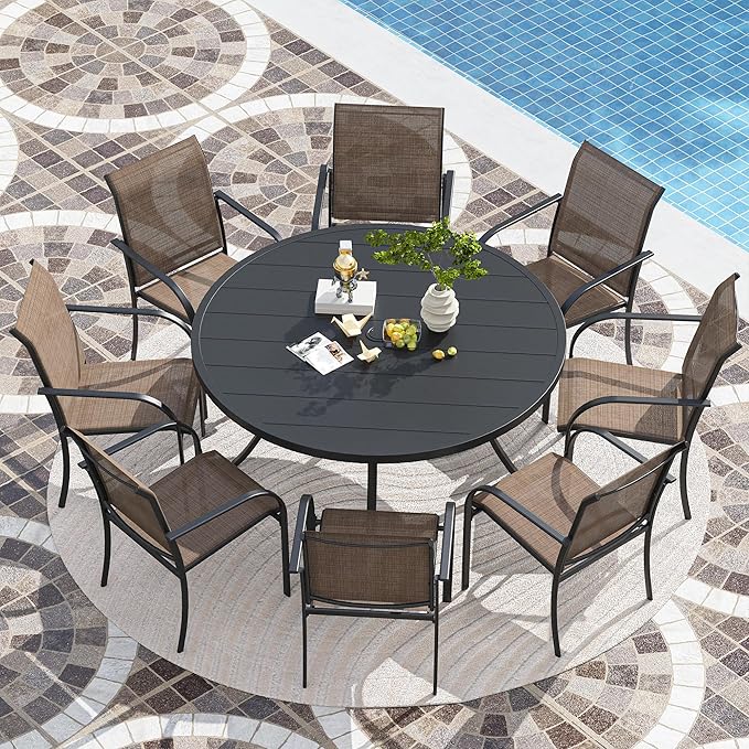 VICLLAX Patio Stackable Dining Chairs Set for 8, Outdoor Sling Chairs with Metal Frame for Front Porch Balcony Backyard Garden and Deck, Brown