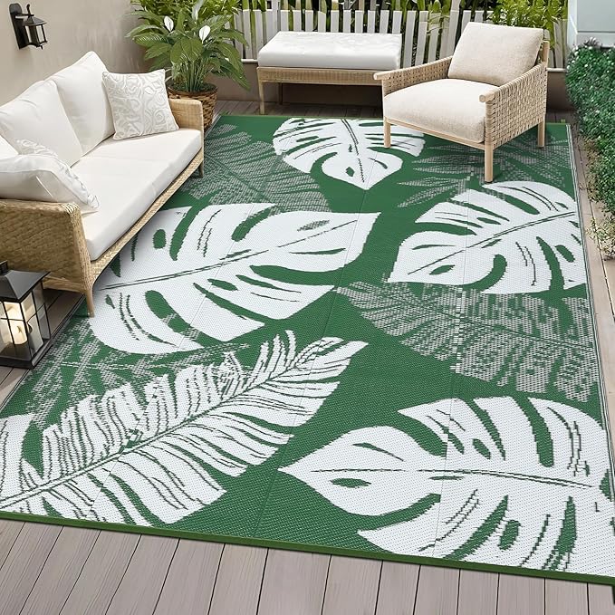 Waterproof Plastic Straw Outdoor Rug 9x18 Patio Reversible UV Resistant Foldable Camping Carpet Modern Leaf Print Large Outdoor Rugs for Deck, Porch, Camper, Balcony, Beach，Green/White