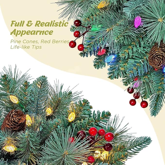 18 Inches Pre-lit Blue Spruce Artificial Christmas Hanging Basket with Red Berries, Pine Cones,40 C3 Dual-Color Multi-Functional Battery Operated LED Lights with Timer
