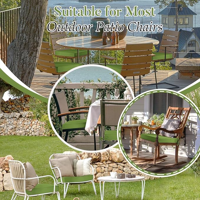 Basic Beyond Outdoor Chair Cushions for Patio Furniture, Waterproof Outdoor Seat Cushions Set of 4 19 x 19, Patio Chair Cushions Set of 4 with Ties and Handle, Grass Green