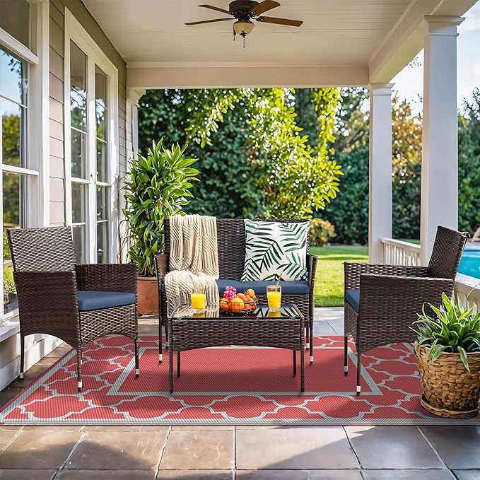GENIMO 6' x 9' Outdoor Rug Waterproof for Patio Christmas Decor, Foldable Reversible Plastic Straw Area Rugs Mat for Camper, Outside Carpet for Rv, Deck, Porch, Picnic, Beach, Balcony, Red & Grey