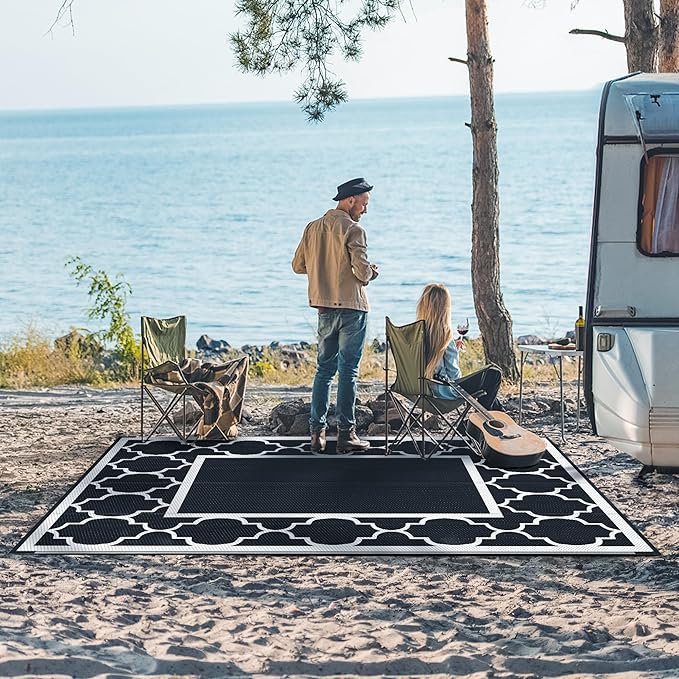 GENIMO 9 ' x 12 ' Outdoor Rug for Patio Clearance, Waterproof Indoor Outdoor Plastic Straw Rugs Carpet, Reversible Outside Area Rv Mat for Camping, Balcony Porch, Deck, Picnic, Beach (Black & White)