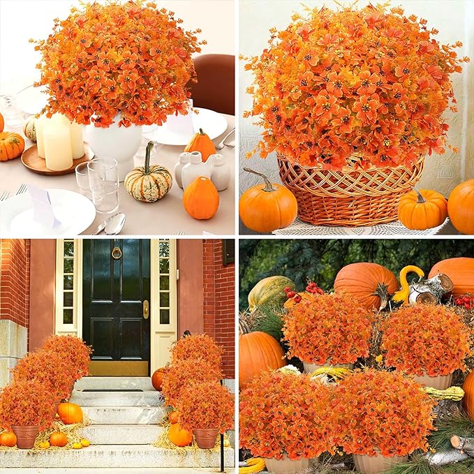 16 Bundles Artificial Mums for Outdoors Garden Home Decoration Fake Mums Decoration 4 Style UV Resistant Lifelike Faux Silk Daisy for Outside Home Planter Front Porch Patio No Fade Fall Decor