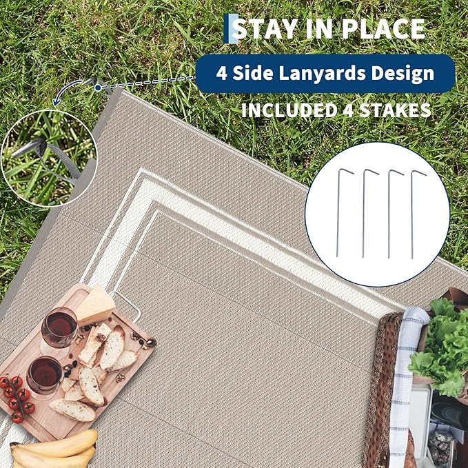 COZYLOOM Waterproog Outdoor Rug 10x14 Reversible Plastic Straw Rug for Patio, Reversible Indoor Outdoor Rugs Foldable RV Camping Picnic Mat with Portable Bag & 4 Stakes, UV Resistant & Easy to Clean