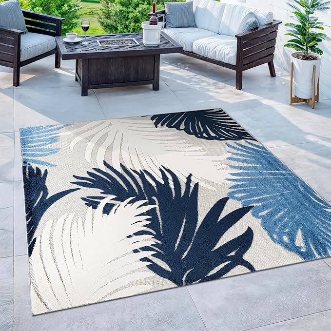 Rugshop Navy Lucca Contemporary Floral Indoor/Outdoor Square Area Rug Durable Polypropylene, Weather Resistant, Easy to Clean Perfect for Patio, Backyard, Deck and Outdoor Lounge 6'6" x 6'6" Square