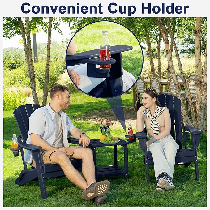 Plawdlik Folding Adirondack Chair Set of 6 with Cup Holder，Wooden Textured ，Heavy All-Weather HDPE Comfortable Set Poolside Backyard Lawn, Navy