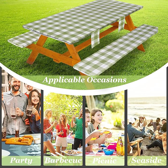 Picnic Table Cover with Bench Covers Vinyl Elastic Edges Fitted Rectangle Seat Tables Waterproof 3-Piece72X30in Set Outdoor Rectangular Folding Backing Tablecloth for Camping Over Size