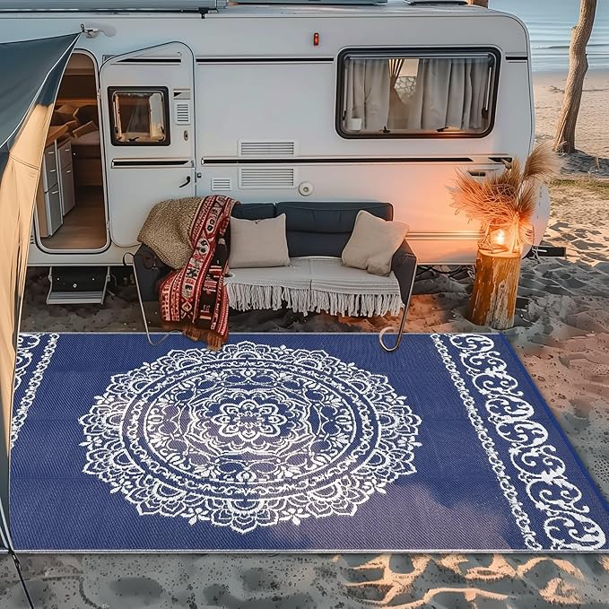 GAOMON Large Outdoor Rugs for Patio 9x18 Portable Outdoor Carpet, Reversible Plastic Straw Camping Mat, Waterproof Outside Rug for RV, Porch, Deck, Balcony, Beach, Navy/White(Medallion)