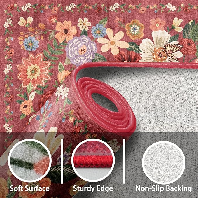 Area Rugs 9x12 Living Room Washable Rug Non Slip Floral Low Pile Large Rug for Living Room, Bedroom, Farmhouse, Dining Room, Kids Playroom(9 x 12, Red Garden)