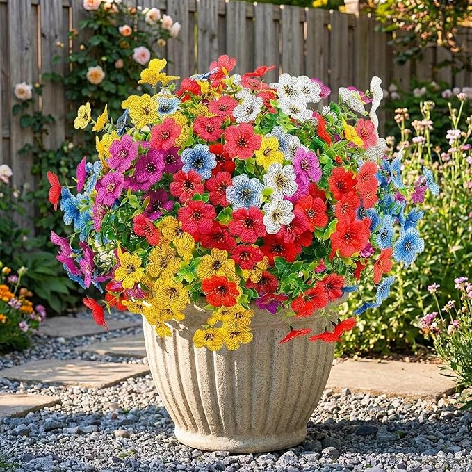 Artificial Spring Flowers Outdoor Faux Plants UV Resistant Fake Patio Flowers Plastic Greenery Plnats Outside Bulk for Spring Garden Hanging Planter Home Vase Decor, 12 Bundles (Multicolor)