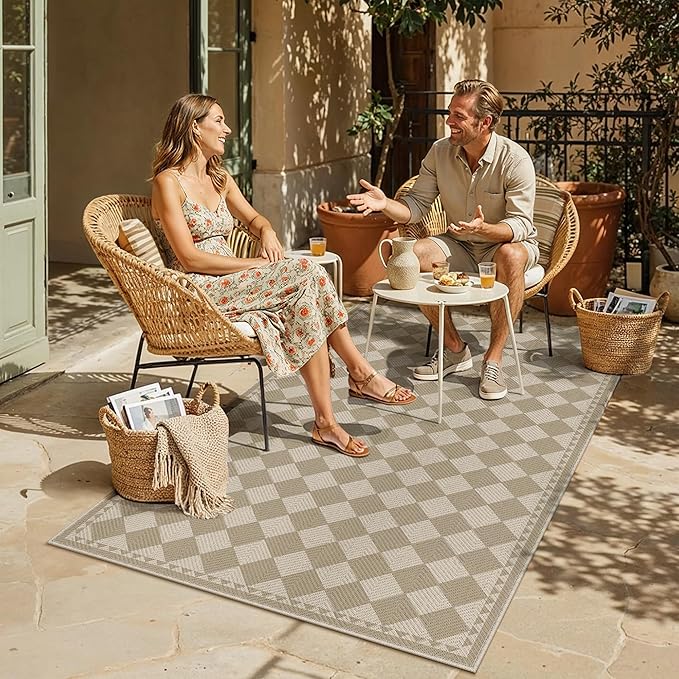 HUGEAR 4x6 Outdoor Rug Brown/Beige Linen-Look Fabric Checkered Area Rug High Traffic Stain Resistant Easy Clean Durable Rugs for Indoor/Outdoor Patio Deck Balcony Porch Garden Courtyard