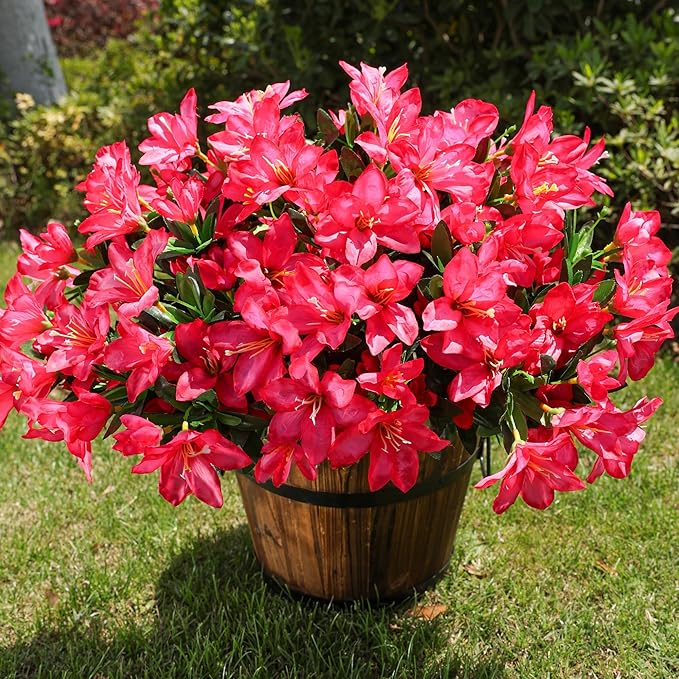INSPRING Artificial Flowers for Outdoors Outside Decoration, 3 Bundles Spring Fake Silk Azalea Plants UV Resistant Realistic Faux Flowers for Outdoor Planter Front Door Patio Garden Home, Hotpink