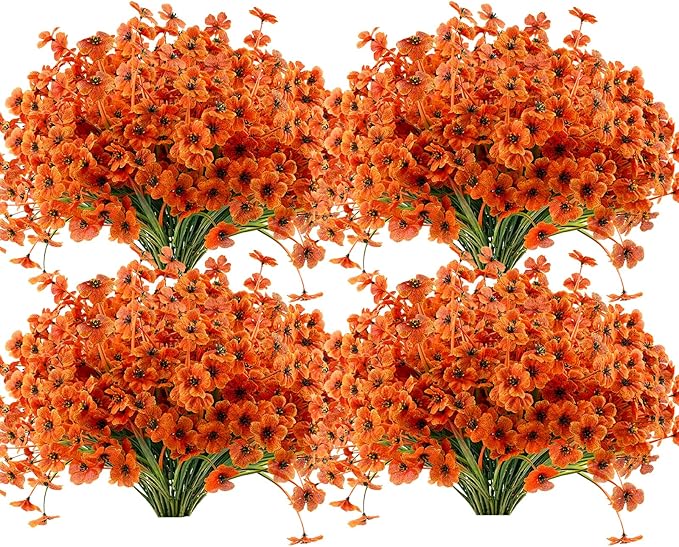 Artificial Mums Fall Fake Flowers for Outdoors, 12 Bundles Faux Mums for Outdoor Planters Autumn Decorations,UV Resistant Silk Flowers for Front Porch Garden Patio Home Decor(Fall-Orange)