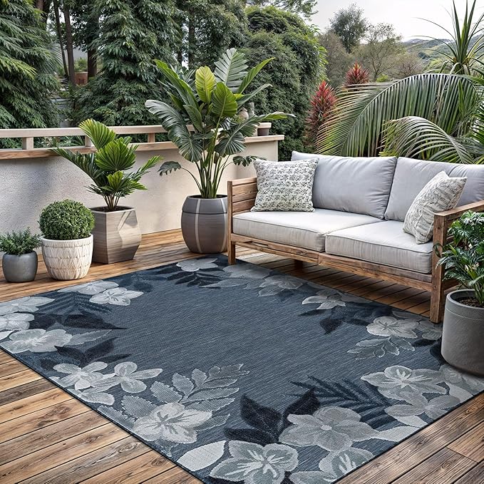 Outdoor Rug 10x14 Washable Area Rugs Indoor Outdoor Carpets Navy Border Floral Non Shedding Waterproof Easy Clean Patio Deck Porch Living Room Bedroom Garden RV (10 X 14 Navy)