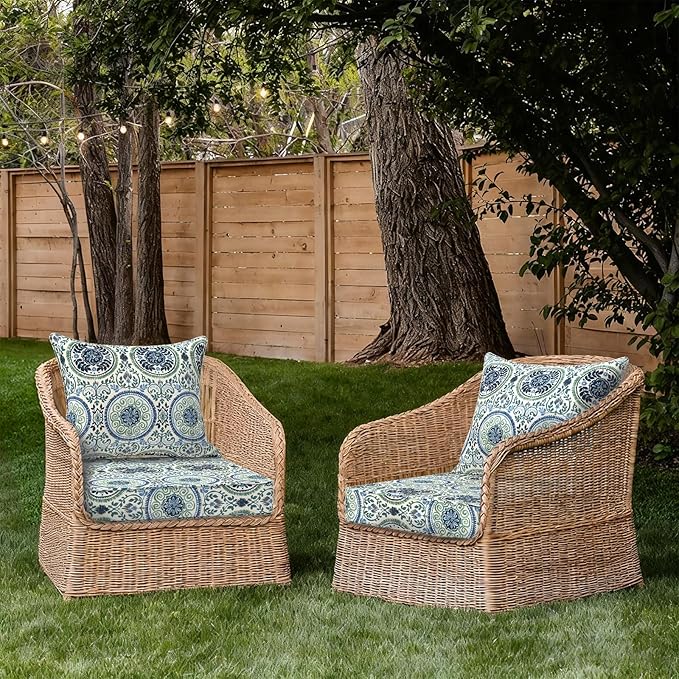 Outdoor Deep Seat Cushion Set, Water Repellent 24"x24" Patio Thick Cushions Replacement with Seat & Back Pillow for Patio Sofa, Wicker Chair, Couch - Wreath Blue