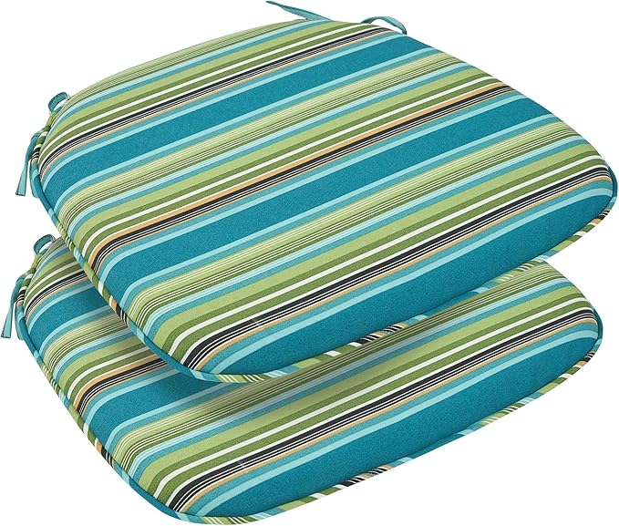 FUNHOME 17"x16"x2" Outdoor Chair Cushions Set of 2, Water Resistant Patio Chair Pads with Ties, Seat Cushions for Home Garden Furniture Decoration-Green Stripe