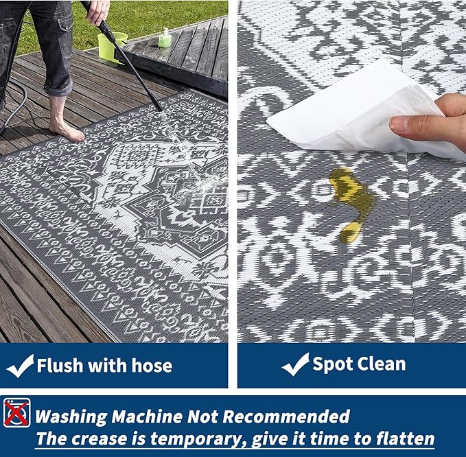 COZYLOOM 8x10 Outdoor Rug Waterproof Reversible Plastic Straw Mat, Large Vintage Medallion Patio Area Rug for Deck, Balcony, Pool, Camping, Beach, Picnic, Indoor/Outdoor Use