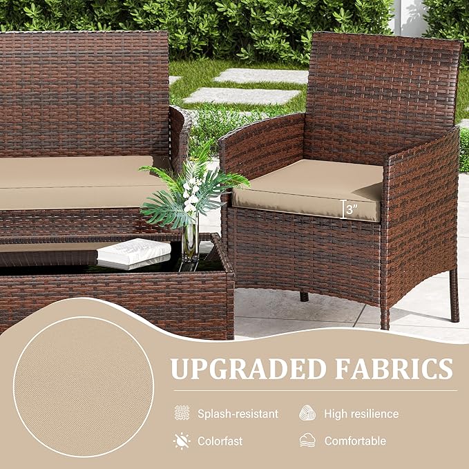3 Pack Outdoor Replacement Cushions, Fit for 4-Seater Wicker Rattan Patio Conversation Set, 36x18x3,18x18x3, Liner & Cover
