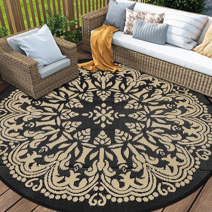 Homcomoda 8Ft Round Bohemian Mandala Outdoor Patio Area Rug, Black/Brown, Waterproof, Low Pile, Machine Made