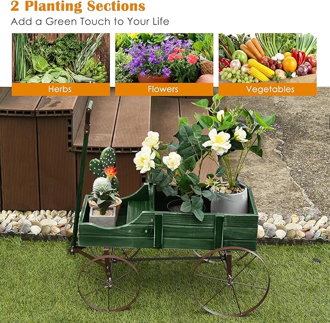 Wooden Wagon Planter with Wheels, Indoor/Outdoor Flower Cart w/Dual-Compartment & Adjustable Handle, Decorative Garden Planter for Home, Yard, Wedding (Green)