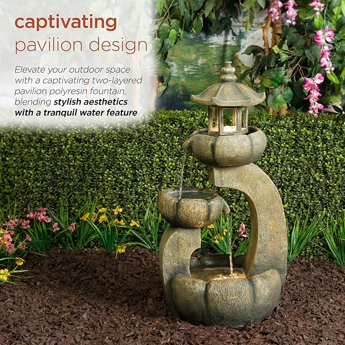 Alpine Corporation 32" Tall 2-Layer Pagoda Polystone Fountain with LED Lights, Cascading Waterfall, Outdoor Garden and Patio Water Feature, Zen Decor, Relaxing Sound, Brown