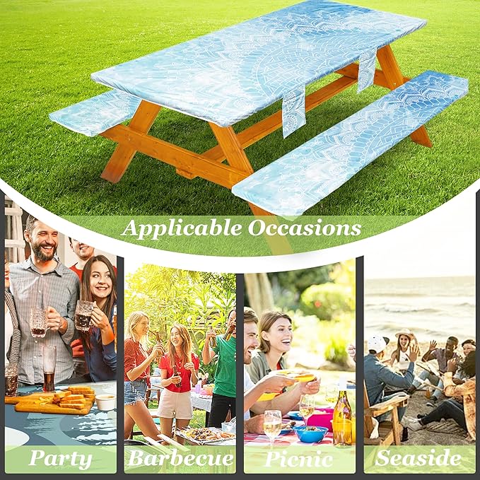 Fitted Picnic Table Cover with Bench Covers, Windproof Vinyl Table Cloths Outside Camping Cooking Backyard Furniture Seat Cushion Tablecloth Activities Party Decor Decorations Para Acampar Equipment