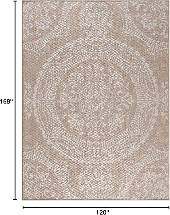 Medallion Outdoor Rug 10x14 Washable Outside Carpet for Indoor Patio Porch Waterproof Easy Cleaning Non Shedding Area Rugs Beige 10 x 14