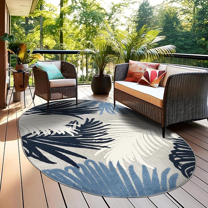 Rugshop Navy Lucca Contemporary Floral Indoor/Outdoor Oval Area Rug Durable Polypropylene, Weather Resistant, Easy to Clean Perfect for Patio, Backyard, Deck and Outdoor Lounge 5' x 7' Oval