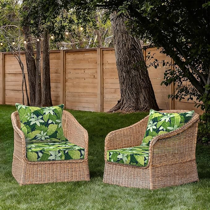 Outdoor Deep Seat Cushion Set, Water Repellent 24"x24" Patio Thick Cushions Replacement with Seat & Back Pillow for Patio Sofa, Wicker Chair, Couch - Jungle Leaves