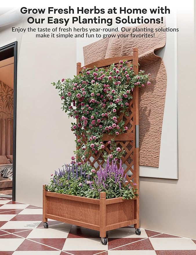 1-Pack Tall Wood Planter Box with Trellis, 29.5" h Vertical Garden on Wheels with Drainage Holes, for Climbing Plants, Herbs, Flowers in Patio & Balcony
