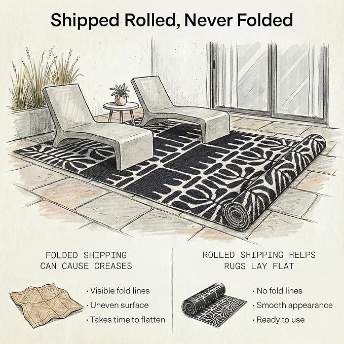 Fab Habitat Outdoor Rug - Waterproof, Fade Resistant, Crease-Free - Premium Recycled Plastic - Tribal, Black & White - Patio, Deck, Porch, Balcony, Laundry Room - Serowe - Black - 4 x 6 ft