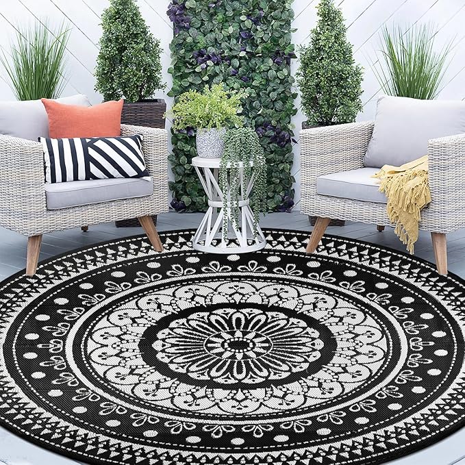 Cekene Round Outdoor Rugs for Patio 10Ft Waterproof Reversible Outdoor Patio Rugs Black Lightweight Plastic Straw Rugs Portable RV Camping Mat Floor Carpet for Deck Porch Picnic BBQ