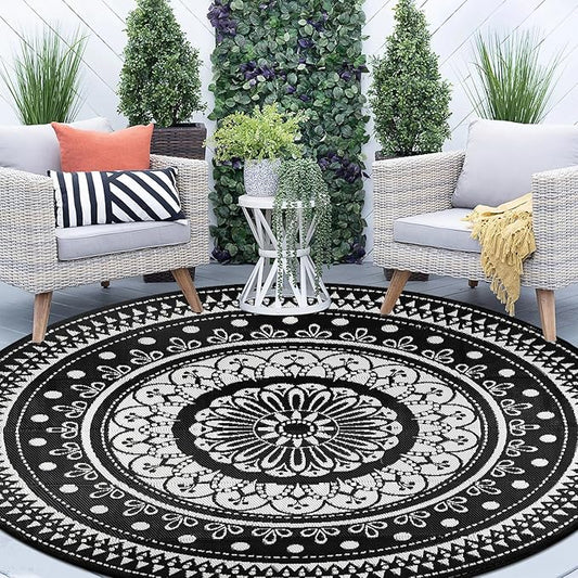 Cekene Round Outdoor Rugs for Patio 10Ft Waterproof Reversible Outdoor Patio Rugs Black Lightweight Plastic Straw Rugs Portable RV Camping Mat Floor Carpet for Deck Porch Picnic BBQ