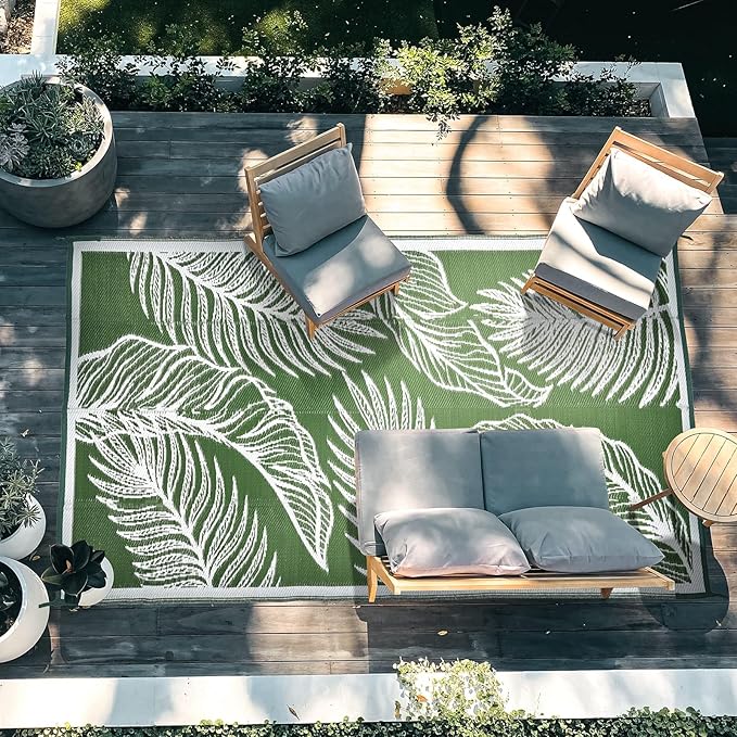 wikiwiki 9x12ft Outdoor Rug, Reversible Plastic Patio Rug Waterproof, Indoor Outdoor Carpet Clearance, Large Area Carpet for Patio Deck Balcony Pool RV Camping Beach Picnic, Green
