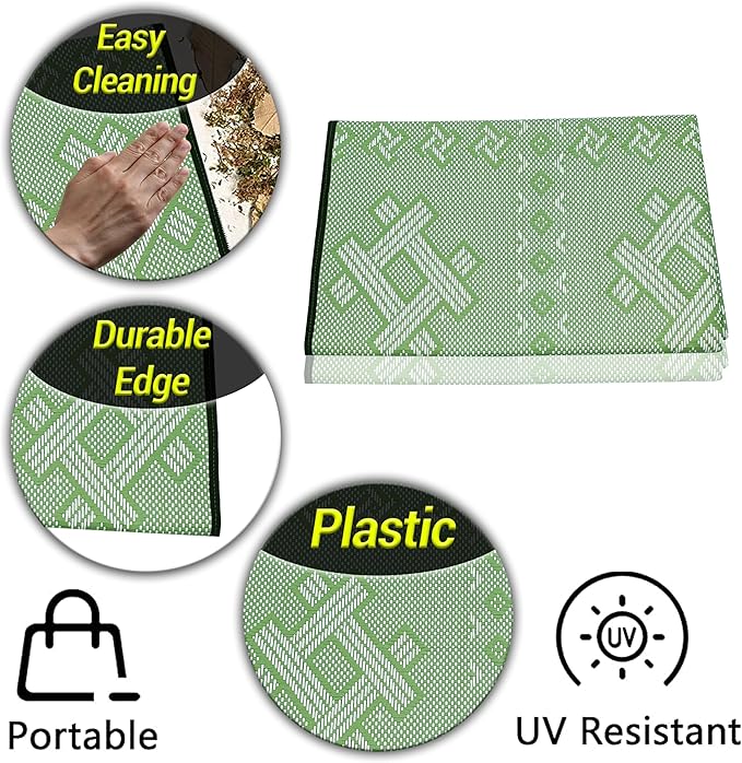 ARSUK Outdoor Patio Rug (5 x 3.3 ft) - Indoor and Plastic Outdoor Rug, Ideal for Garden, Camping, Balcony Carpet, Picnic, Backyard, Lightweight, Foldable, Recycled Plastic (Green Color)