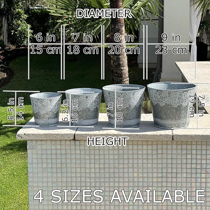 allgala Galvanized Planter Pot Indoor and Outdoor Decoration-Round Grey-3-PC-HD88314