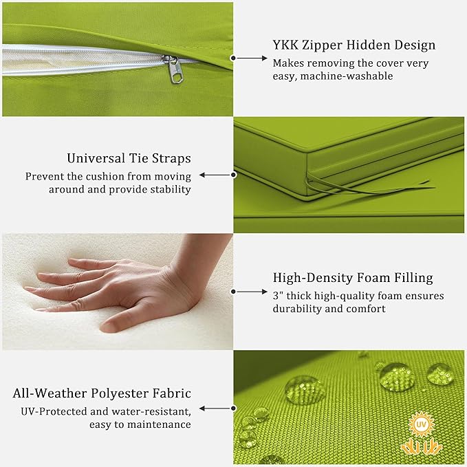 3 Pack Outdoor Replacement Cushions,36L x 18W x 3H,18L x 18W x 3H inch, High-Elastic Replacement Sponge for 4-Seater Water-Resistant Patio/Sofa with Removable Covers (Grass Green)