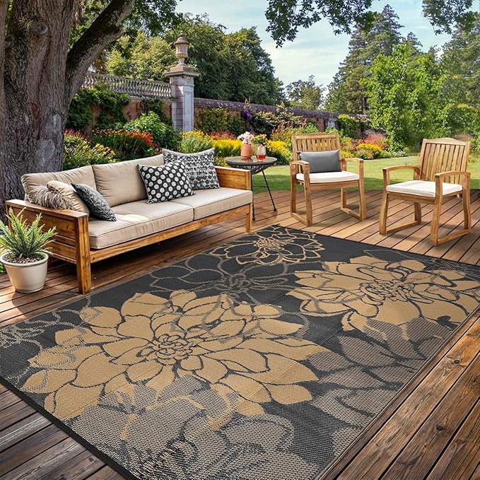 Outdoor Rug 9x12 Reversible Modern Floral Patio Rug Waterproof & Washable Outside Carpet, UV Weather Resistant RV Camping Mat, Durable Plastic Outdoor Carpet for Garden Yard, Brown