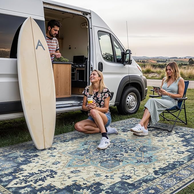 GENIMO Outdoor & Indoor Area Rug 8'x10', Waterproof, Non-Shedding, Easy Cleaning, Boho Mat for Patio, Living Room, Balcony, Dining Room, RV, Deck, Bedroom, Camping, Outside Carpet,Center Blue