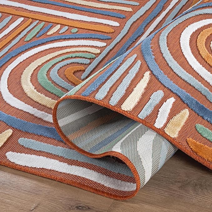 CAMILSON Indoor Outdoor Rug, Orange 5x7 Geometric Arch Striped Area Rugs for Patio and Home Areas, Easy-Cleaning Non-Shedding Living Room, Garden and Deck Washable Outside Carpet (5 x 7)